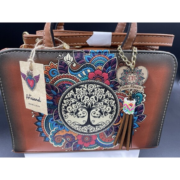 Purse Handbag Cross Body Genuine Leather Tree of Life Hand Made Artisanal - Picture 4 of 5